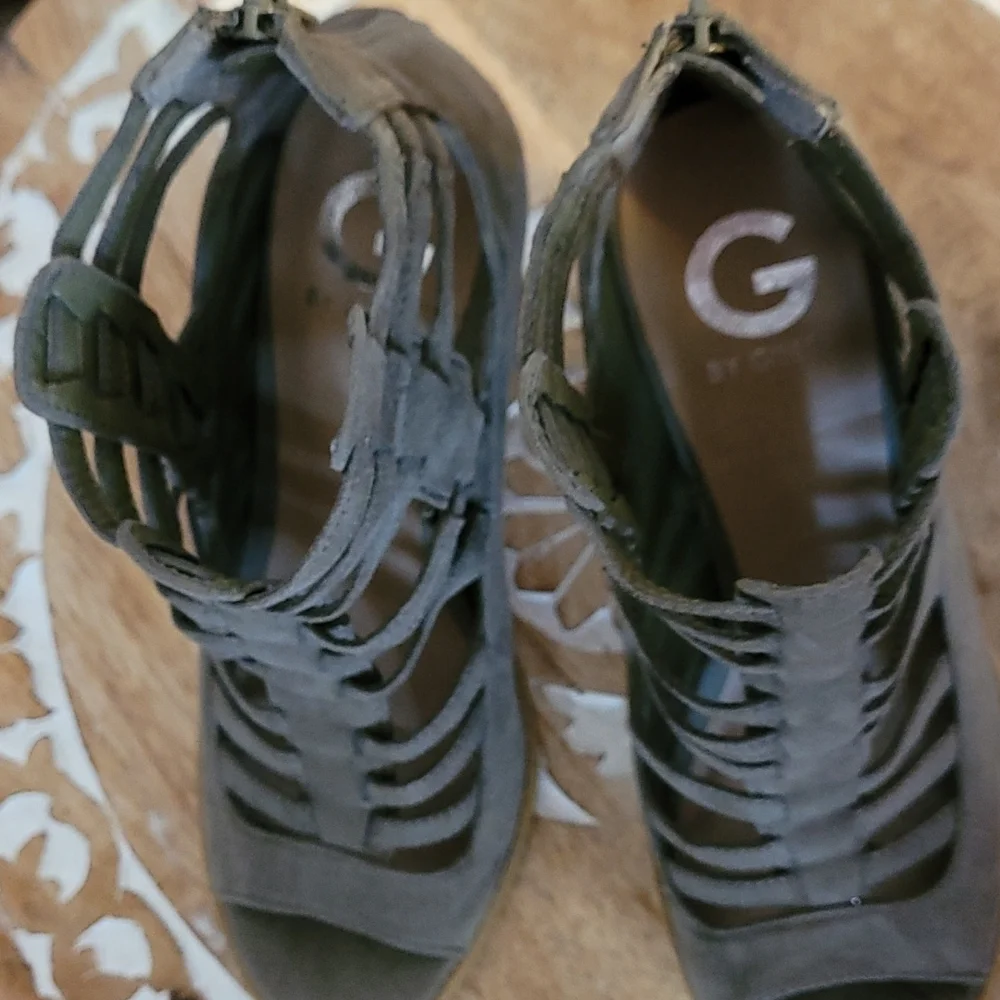 G by Guess Gladiator Stlye Peep-toe Suede Shoes w/Stacked Heel - Taupe - Picture 8 of 12